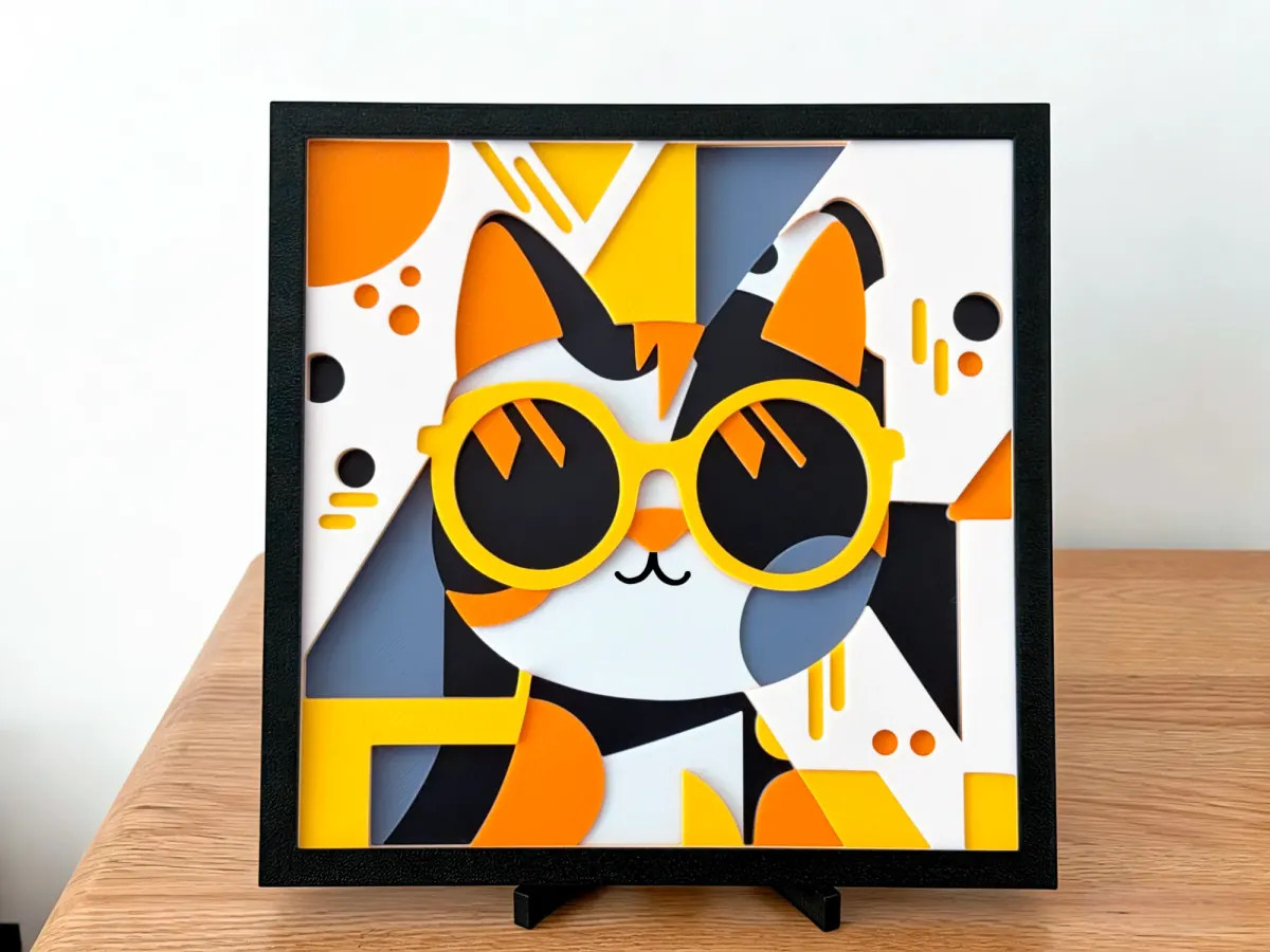 Geometric layered art of a cat in round yellow glasses, with orange, yellow, grey, black and white shapes, in a black frame on a stand