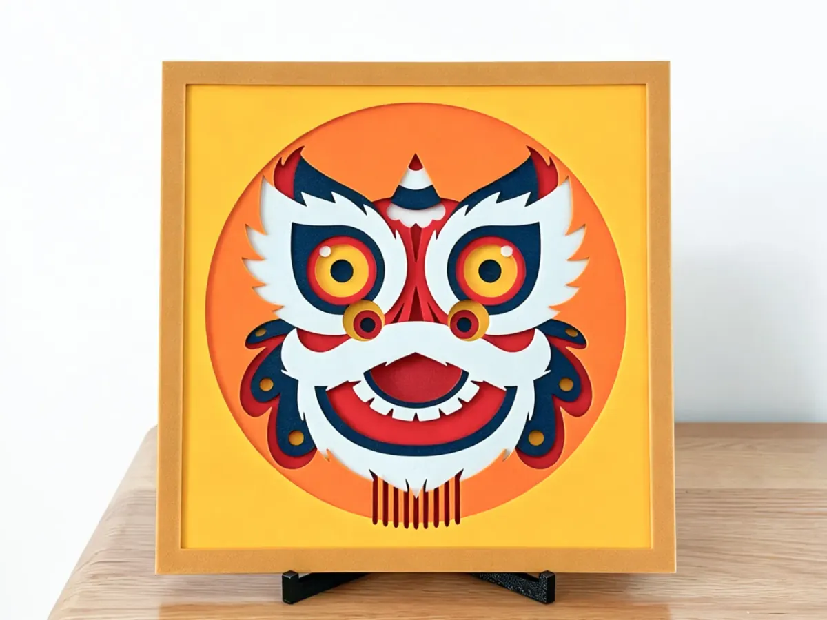 Lion Dance layered art: a lion dance head with round yellow eyes and a red grin inside an orange circle on a yellow panel, in a golden frame on a stand