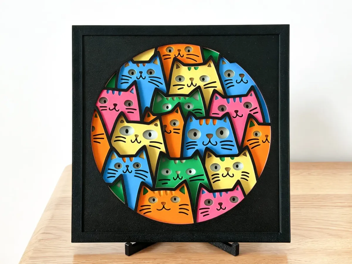 Wide-Eyed Cat layered art: colourful cats in a round window inside a black frame, standing on a small stand